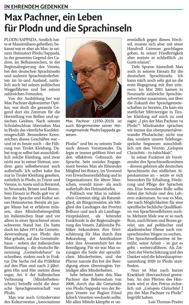 Nachruf auf Max Pachner von Luis Thomas Prader